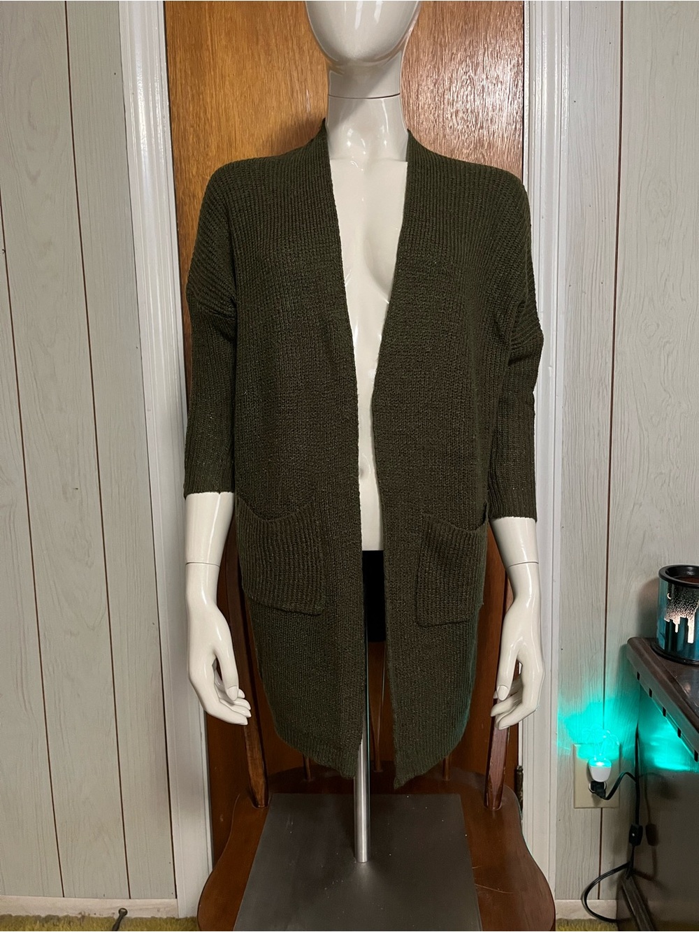Dreamers Olive Green Open-Front Long Cardigan